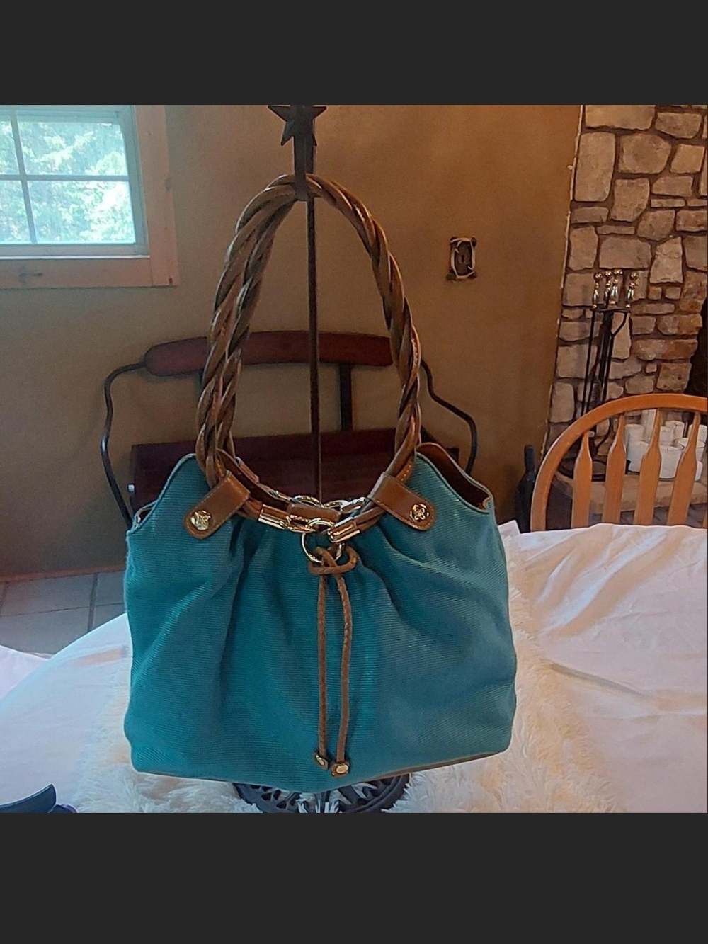 Relic by Fossil Teal Canvas Hobo Bag Braided Handles Y2K 2010 Drawstring Accent